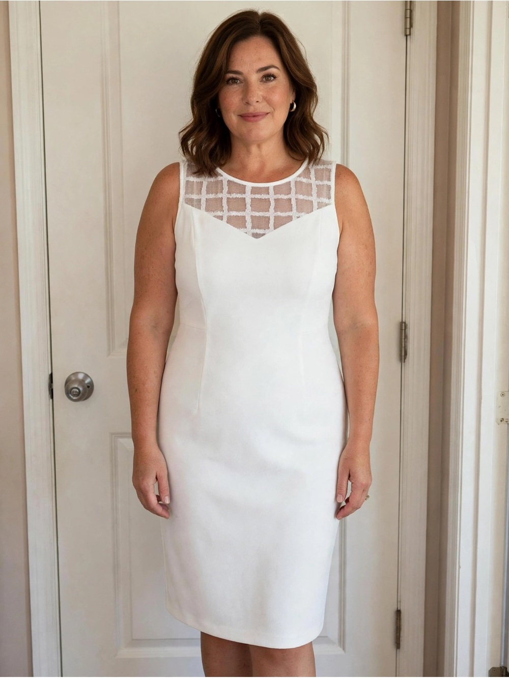 Maya Brookes Sleeveless White Midi Sheath Dress with Geometric Mesh Yoke